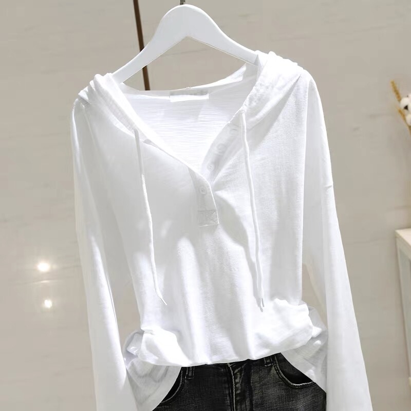Guangzhou Thirteen Rows High-Quality Goods ~ White Hooded Long-Sleeve T-Shirt for Women, Bamboo Cotton Base Shirt, Loose Sweatshirt Hoodie