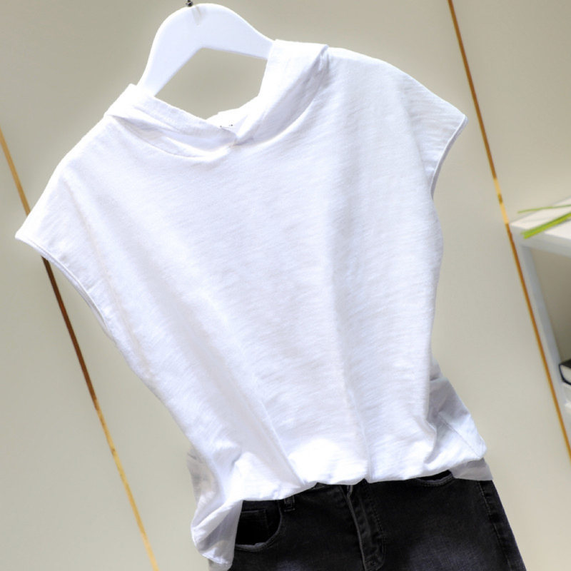 Short-Sleeved Hooded Loose Bamboo Cotton Sleeveless T-Shirt for Women, Summer Korean New Style Half-Sleeve Pure Cotton Casual Base Shirt Top