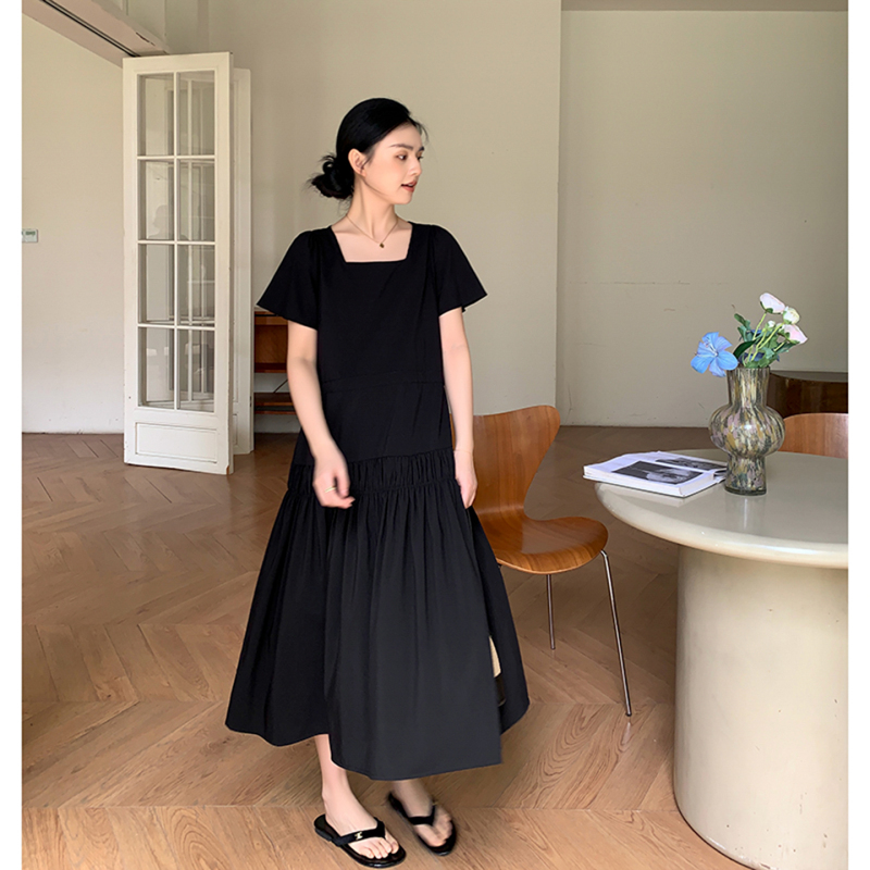 Zma French-Style High-End Maternity Dress, New Summer Square-Neck Black Dress, Maternity Dress for Summer Wear