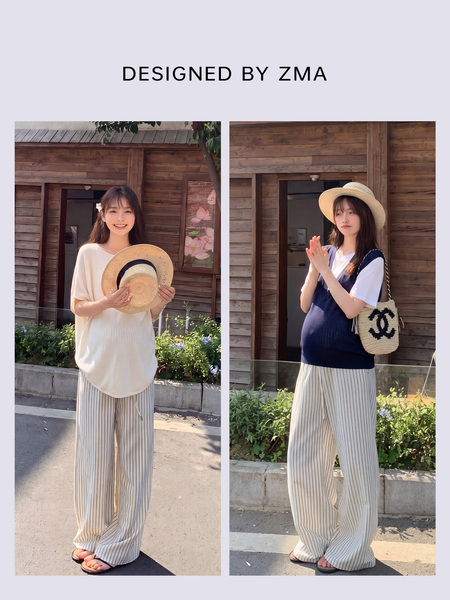 Zma Vertical Stripe Linen ● Maternity Pants Summer Thin Style 2026 Summer Collection Relaxed Loose Wide-Leg Pants Pregnancy Long Pants — 4