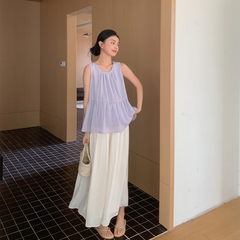 Zma French Romantic Maternity Wear Set Summer New Style Purple Top Sleeveless Babydoll Shirt Loose Skirt Pants during Pregnancy