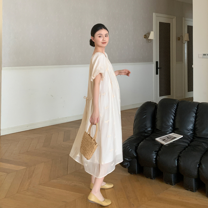 Zma Is Elegant and Appropriate. Maternity Dress, New Summer Style, Embroidered Round Neck, Puff Sleeves, Long Dress, Loose Maternity Dress