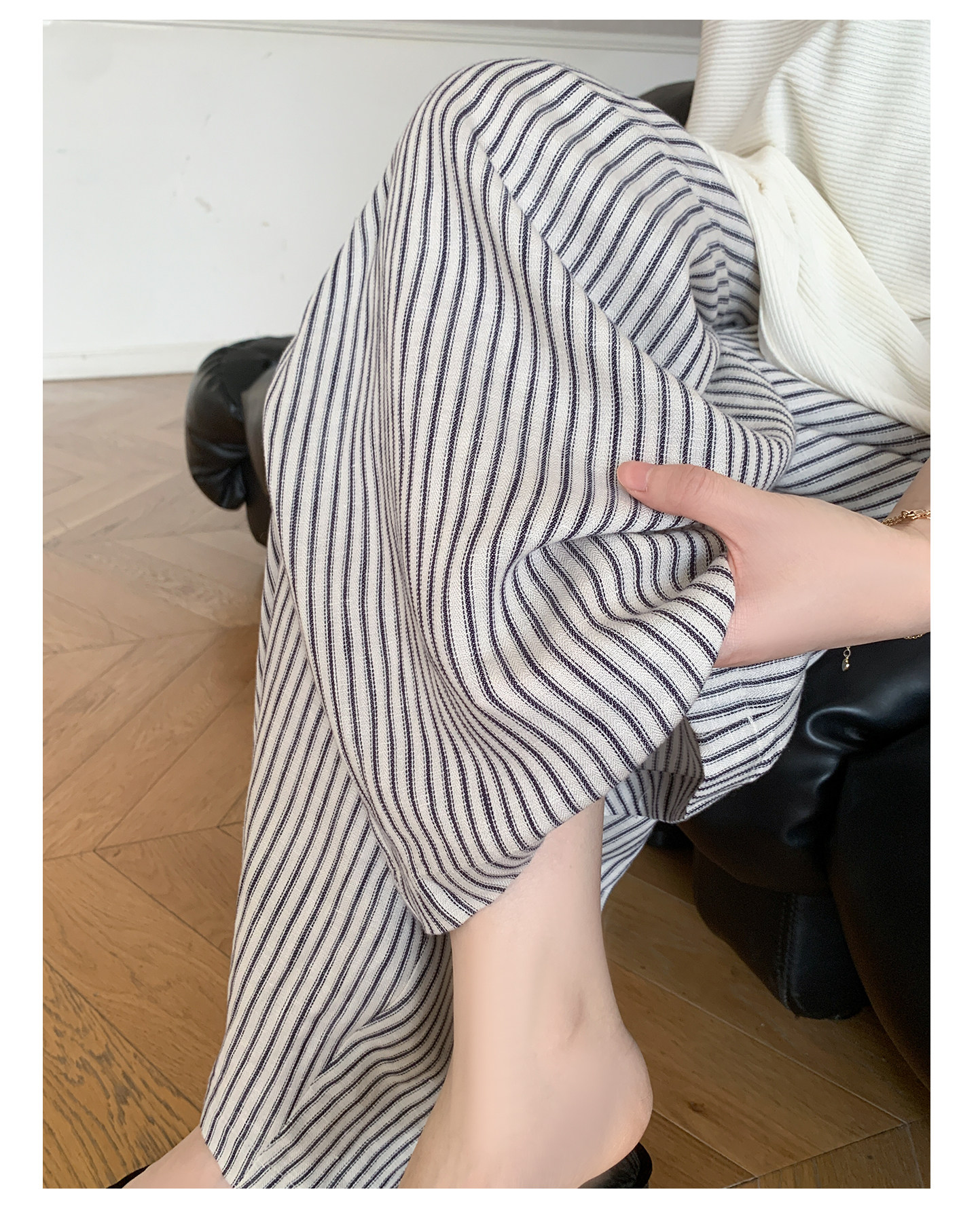 Zma Vertical Stripe Linen ● Maternity Pants Summer Thin Style 2026 Summer Collection Relaxed Loose Wide-Leg Pants Pregnancy Long Pants — 44