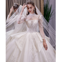 Long sleeve winter main wedding dress 2021 new bride premium texture heavy industry luxury tailed small size slim thin