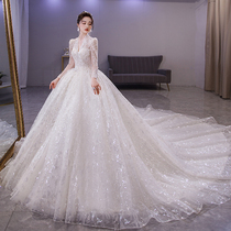 Long sleeve winter main wedding dress 2021 new bride French court style Senior tailed tail small man heavy labor luxury female