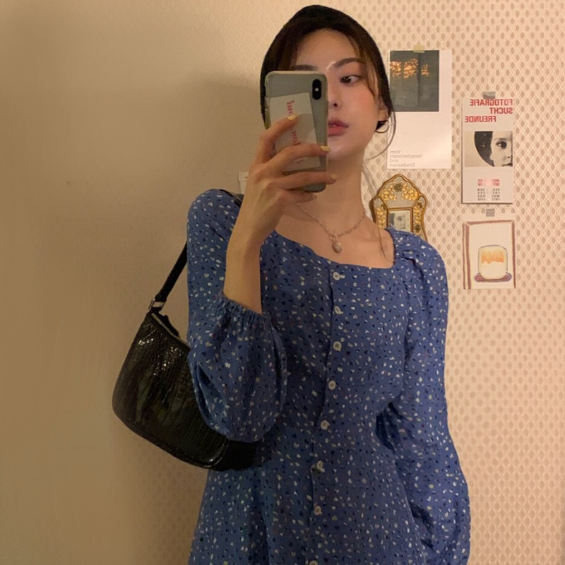 Korea Cherrykoko spring and summer new French retro long-sleeved floral square neck long dress