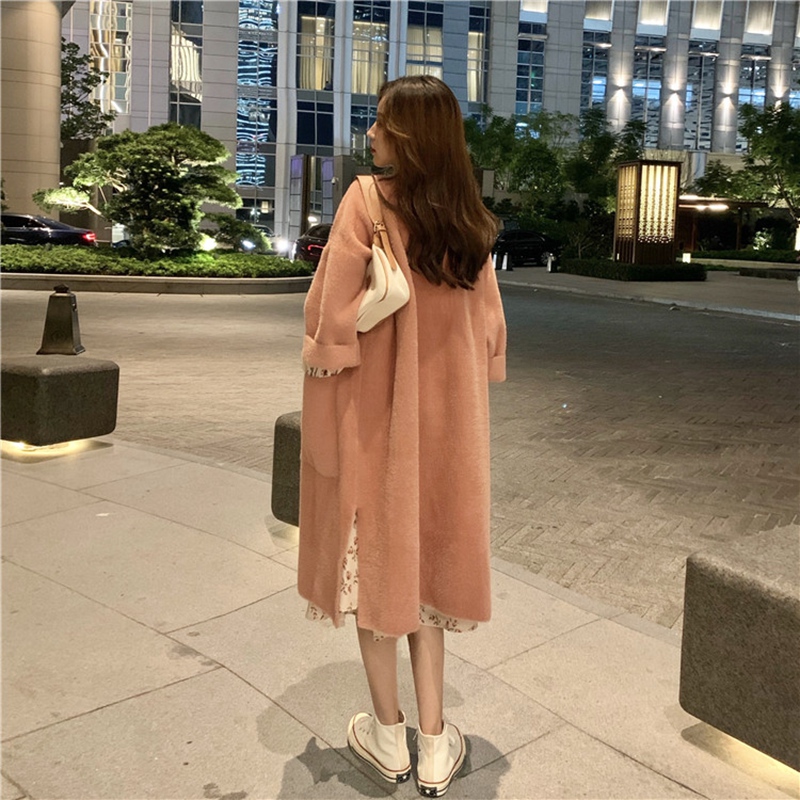 Korea Cherrykoko Korean version of ins loose mid-length mink velvet knitted cardigan jacket