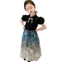 Yuba Fang girls Han Wei in 2024 summer children new Chinese short sleeve coat in the big child - naval skirt suit