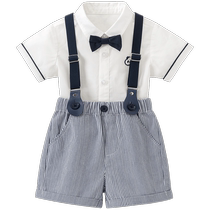 (Gentleman style) Boys short-sleeved shirt suit summer thin baby suspender shorts baby outing clothes two pieces