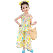 Yuyingfang Girls Oil Painting Flower Set Summer 2024 Fashionable Childrens Baby Wide Leg Pants Summer Two-piece Set