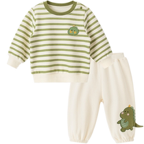(Fleece Sweatshirt) Male and Female Baby Spring and Autumn Casual Suit Baby Striped Tops and Pants Outing Two-piece Set