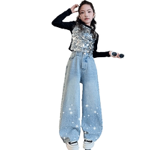 Yuyingfang girls jeans spring and autumn 2024 new childrens autumn loose straight wide-leg pants big childrens long pants