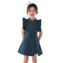 (New Chinese Oriental Dream) Ueki Childrens Clothing Button Long Shirt Denim Shorts Girls Suit 2024 Summer Children