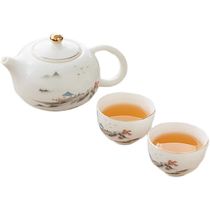 Gold inlaid jade tea set teapot single pot ceramic tea set mutton fat jade high-end white porcelain Xi Shi Kung Fu one pot two cups