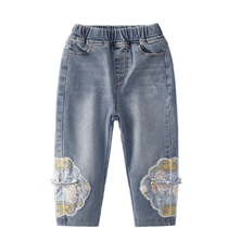 Big childrens jeans spring and autumn girls Chinese style button pants baby autumn casual pants trendy childrens autumn trousers