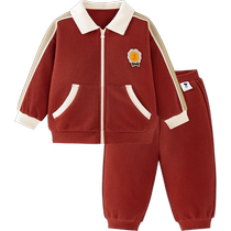 Mini Bala retro college-style long-sleeved suit for boys and girls skin-friendly pure cotton waffle two-piece set with contrasting colors