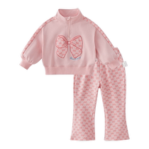 Girls fashion set childrens stand-up collar bow trendy sweatshirt two-piece set babys sports outing childrens autumn clothing
