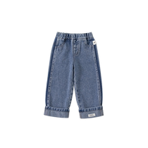 INSbobo childrens jeans personality Labeling Girl Straight pants 2024 Spring new boy Han version pants