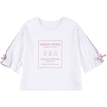 Qianquhui spring and summer girls tops with floral sleeves and plaid splicing fashionable sweet style three-quarter sleeve cotton T-shirt
