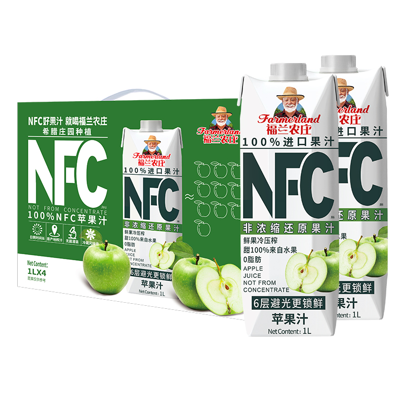 中秋礼盒福兰农庄100%NFC苹果汁纯果汁饮料1L*4瓶整箱大瓶装早餐