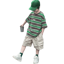 Yibeitong boys striped T-shirt short-sleeved suit summer new childrens summer clothes big children two-piece trendy set