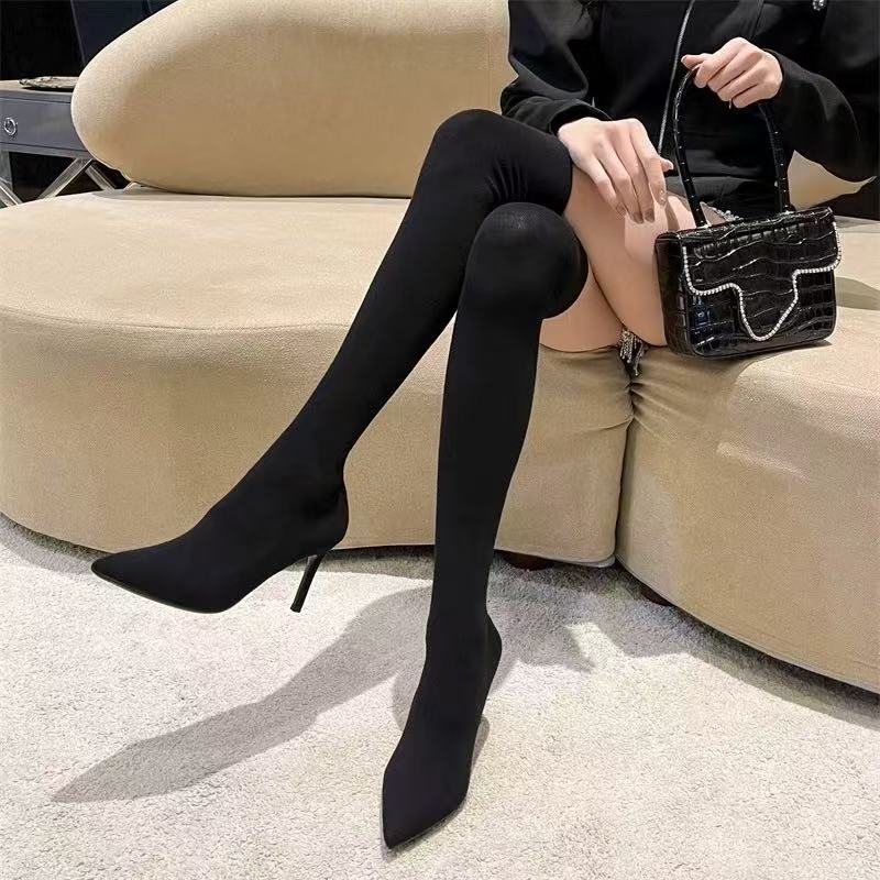 2025 Autumn/Winter Black Pointed Toe Stiletto Slim Boots Suede Stiletto Boots Elegant Short Boots Women's High Heels Elastic French Style 2025 Autumn/Winter Black Pointed Toe Stiletto Slim Boots Suede Stiletto Boots Elegant Short Boots Women's High Heels Elastic French Style