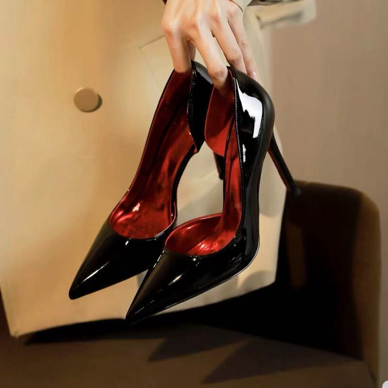 2025 New Style Elegant Black Patent Leather Shoes with Rhinestones, Pointed Toe, Side Cut-Out, Sexy Black High Heels for Women, Stunning Stiletto Heels 2025 New Style Elegant Black Patent Leather Shoes with Rhinestones, Pointed Toe, Side Cut-Out, Sexy Black High Heels for Women, Stunning Stiletto Heels