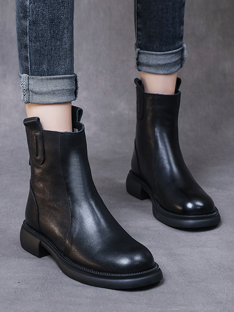 Retro Martin Boots Woman 2023 Spring Autumn New Head Layer Bull Skin Inglém Wind Spring Single Boot Short Barrel Chelsea Low Heel-Taobao