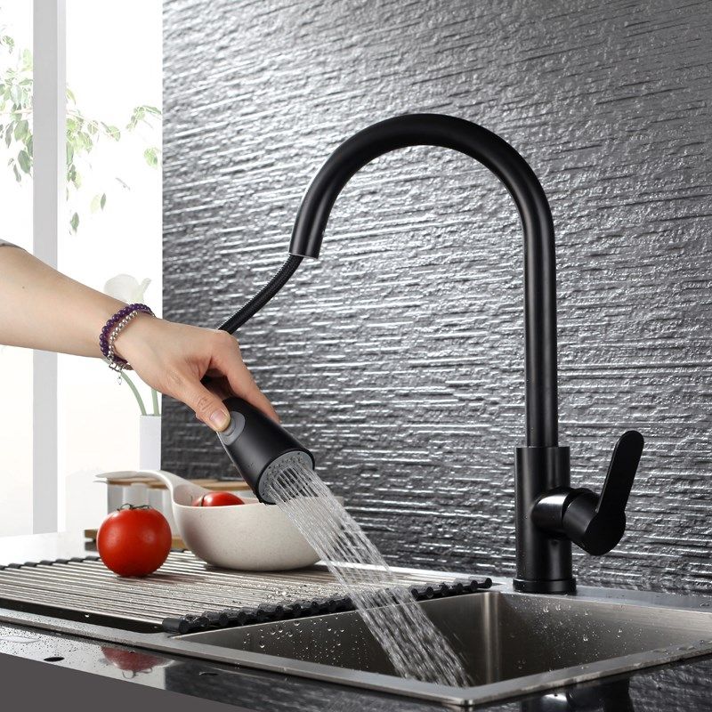 Nordic black pull-out kitchen tap telescopic rotary vegetable basin sink Sink Wash pool Anti-splash hot and cold tap