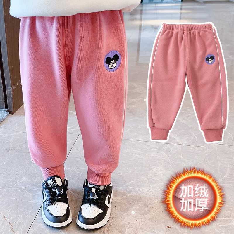 Girls plus fleece pants integrated velvet girl baby autumn and winter sweatpants children's thin fleece sports pants girls and children children's outerwear