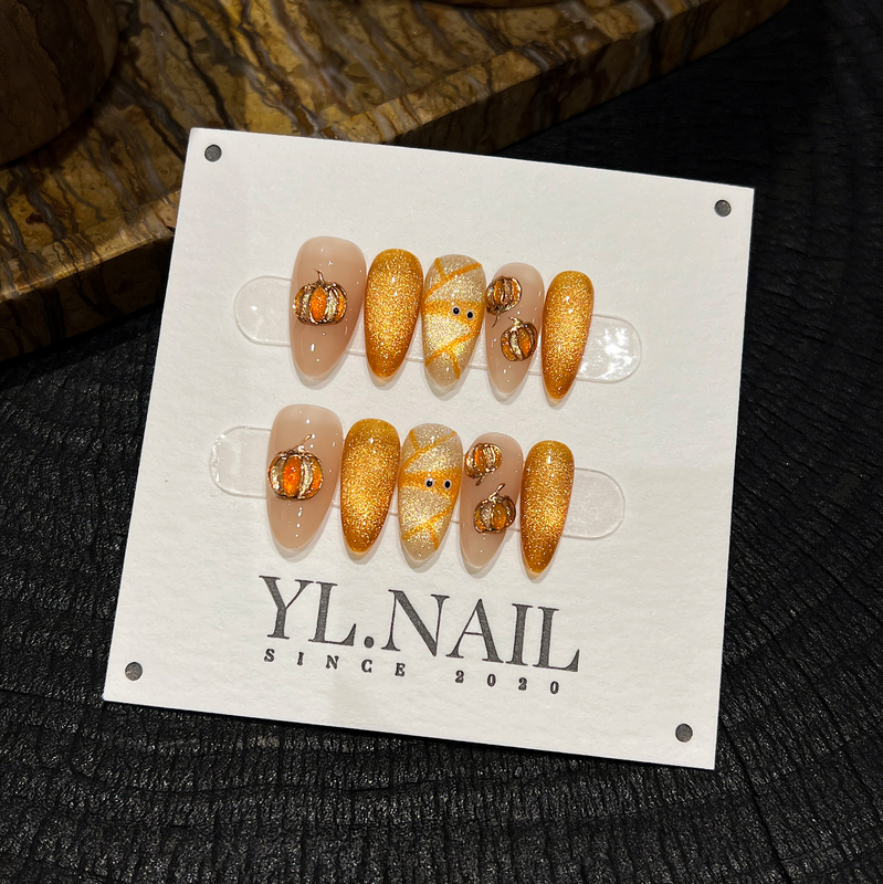 【Yl.Nail Golden Gourd Phantom】Handmade Nail Tips ins Unique Halloween Hand-Painted Pumpkin Wearable Nails That Make Your Skin Look Fairer