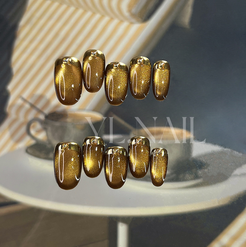 【Yl.Nail Low-Caffeine Coffee】Handmade Nail Tips ins Unique Coffee Cat Eye French Style Brightening Autumn/Winter Wearable Nails