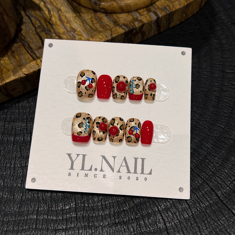 【Yl.Nail Sweet Cool Leopard Print】Handmade Nail Tips ins Unique Hand-Painted Leopard Print Cherry Whitening Wearable Nails 【Yl.Nail Sweet Cool Leopard Print】Handmade Nail Tips ins Unique Hand-Painted Leopard Print Cherry Whitening Wearable Nails