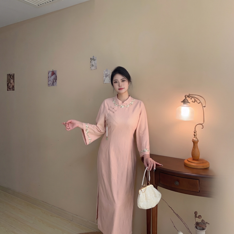 Peach Delight [LAOSHU Styles] 2026 Autumn Plus Size Fat Girl New Chinese Style Girly Pink Cheongsam Dress
