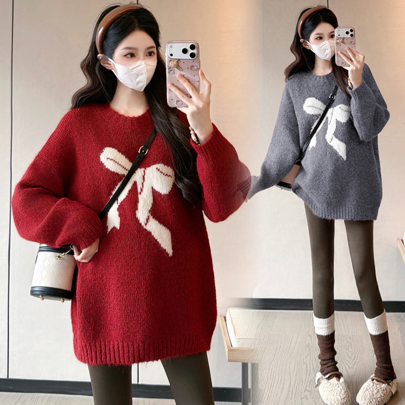 Plus-Size Maternity Sweater Autumn and Winter New Style Bowknot Pullover Loose Top for Trendy Moms, Age-Reducing and Slimming Effect 100kg