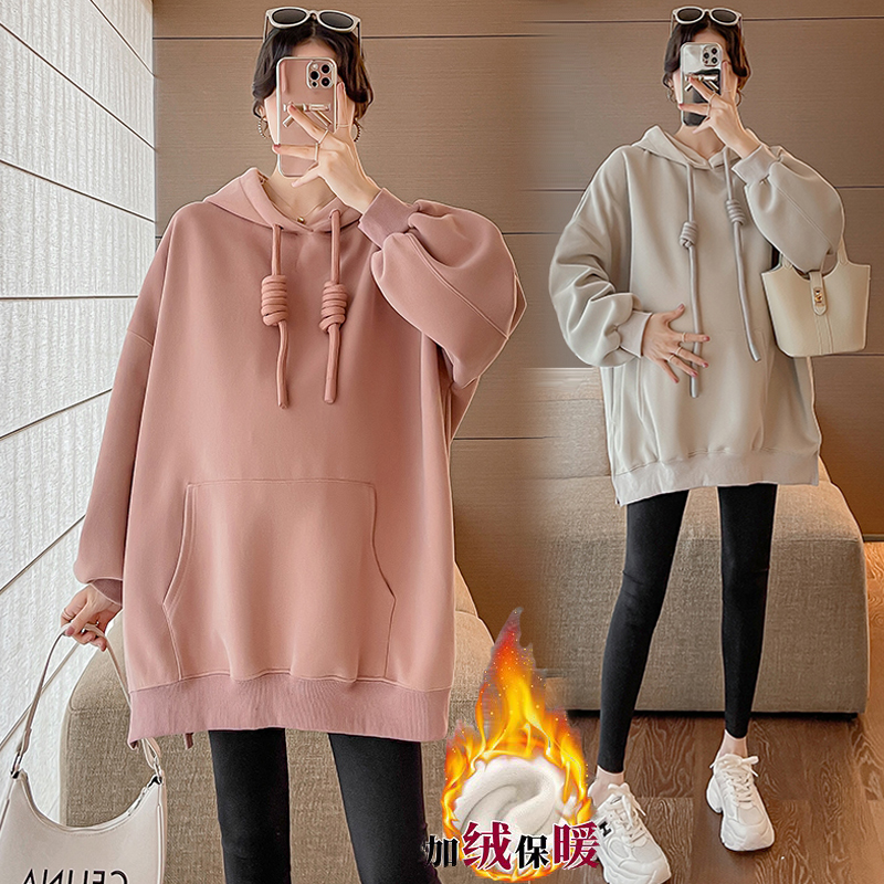 Large Code Pregnant Woman Plus Velvet Clothing Winter Clothing Suit Casual Fashion Medium Long blouses open fork Lions slim 200 kilos-Taobao