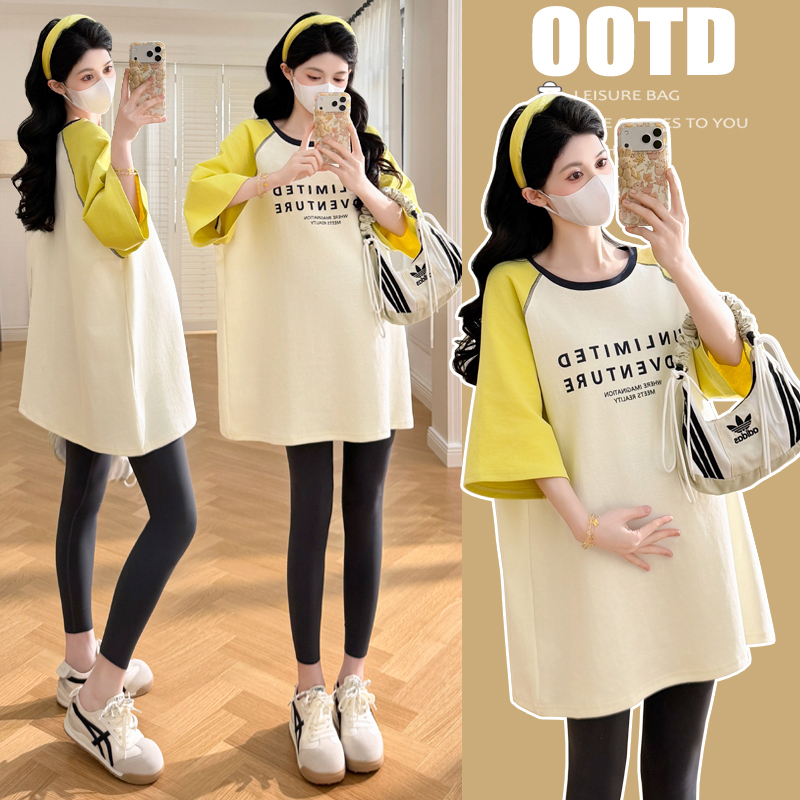 Plus-Size Maternity Tops for Spring and Summer, New Loose-Fitting Fashionable Trendy Mom Style, Three-Quarter Sleeve Patchwork T-Shirt, Pure Cotton, Slimming Effect 100kg