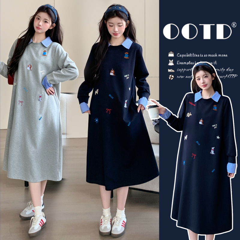 Plus-Size Maternity Sweatshirt Dress, Autumn Thickened Loose Shirt Collar, Loose Embroidered Dress, Elegant and Age-Reducing