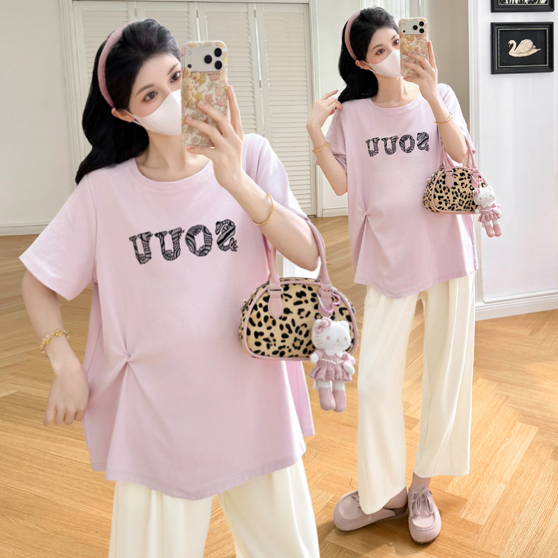 Plus-Size Maternity Short-Sleeve T-Shirt, New Summer Design, Pure Cotton, Versatile, Fashionable Top, Trendy Mom, Slimming Effect 100kg