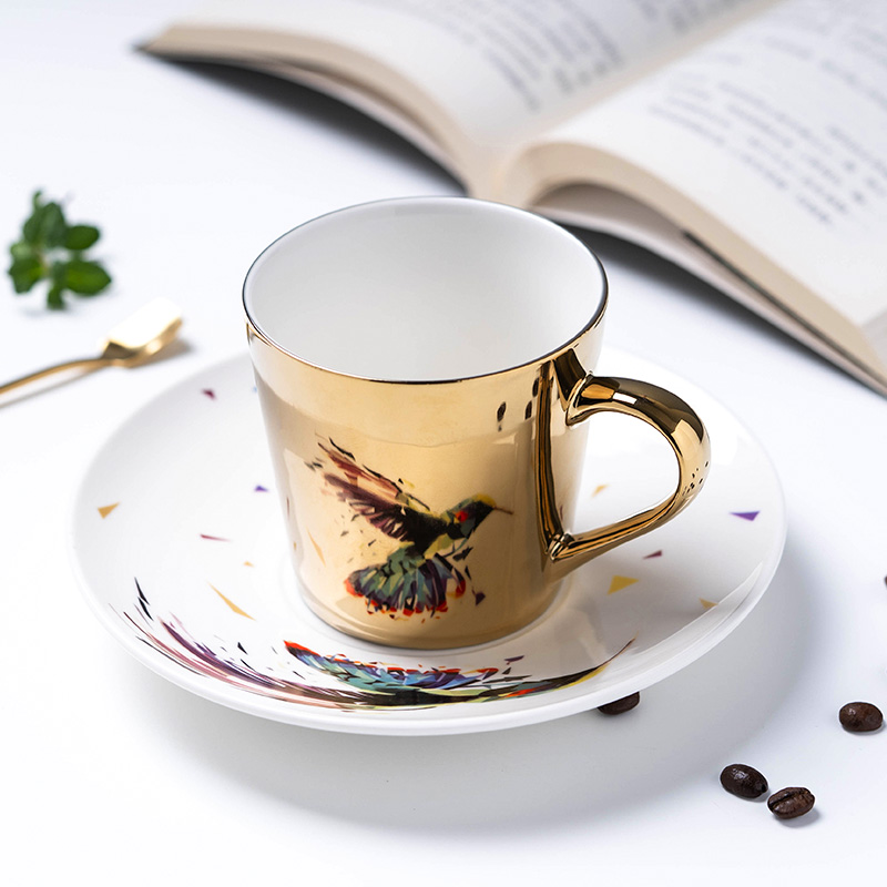 Creative mirror reflection cup personality ins wind ceramic coffee cup and saucer set European small luxury golden cup
