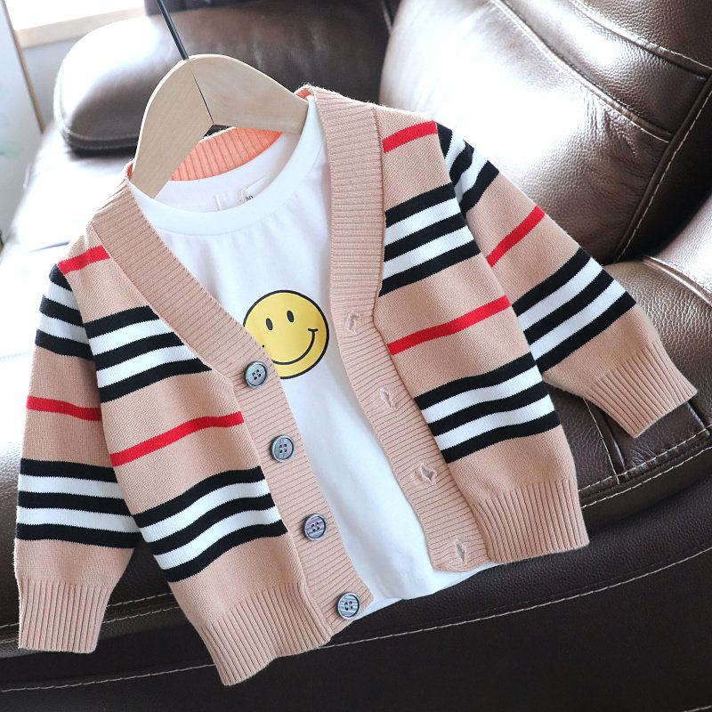 Clear Cabin Baby V Collar Knit Cardiovert Boy Striped Sweater Jacket Child baby Han version Leisure 1555