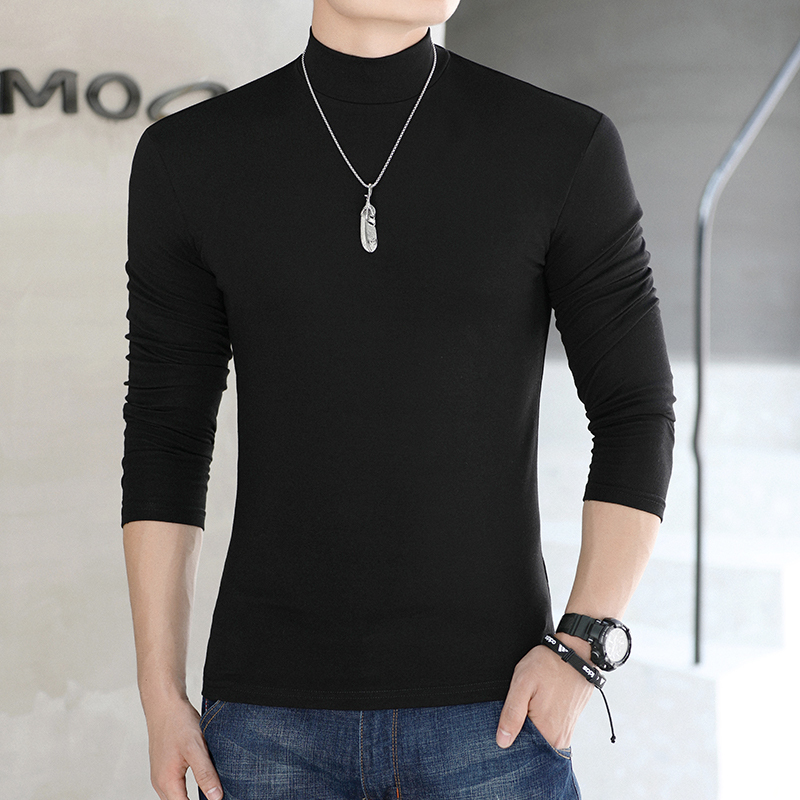 Half Turtleneck Base Layer Shirt for Men, Cotton, Large Size, Autumn and Winter, Solid Color, Thick Long-Sleeve T-Shirt, Youth Thermal Underwear