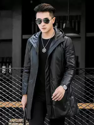 Leather down jacket men's medium and long version plus velvet thick hooded leather windbreaker Haining sheep leather jacket winter coat tide