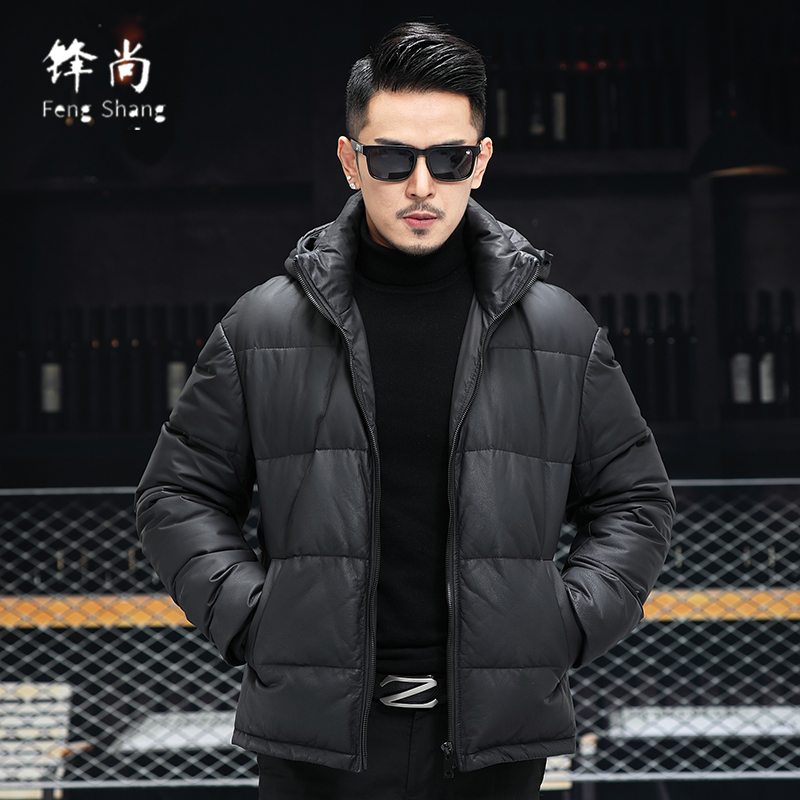 Haining leather down jacket men's cowhide hooded winter leather leather jacket plus velvet thickened fur coat jacket