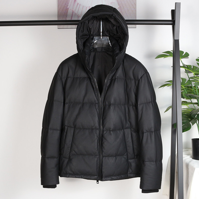 First layer cowhide down jacket men's bread clothing hooded plus velvet padded Haining leather winter jacket coat