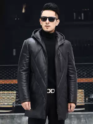 Leather down jacket men's medium and long version hooded sheep fur coat with velvet thickened winter Haining leather fur coat