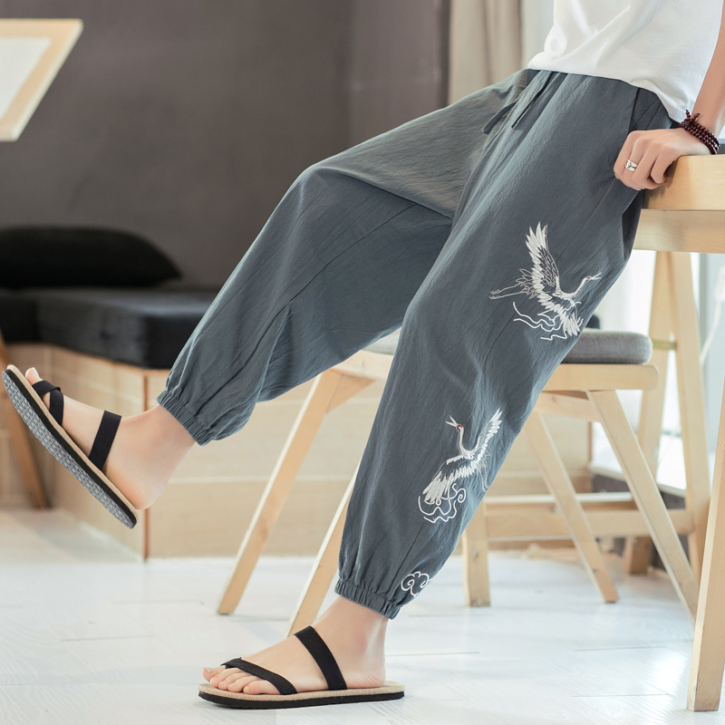 Trung Quốc bông gió chín điểm quần mùa hè đang lớn Harun quần cẩu gió cổ xà cạp thêu loose-fitting nam gusdresser