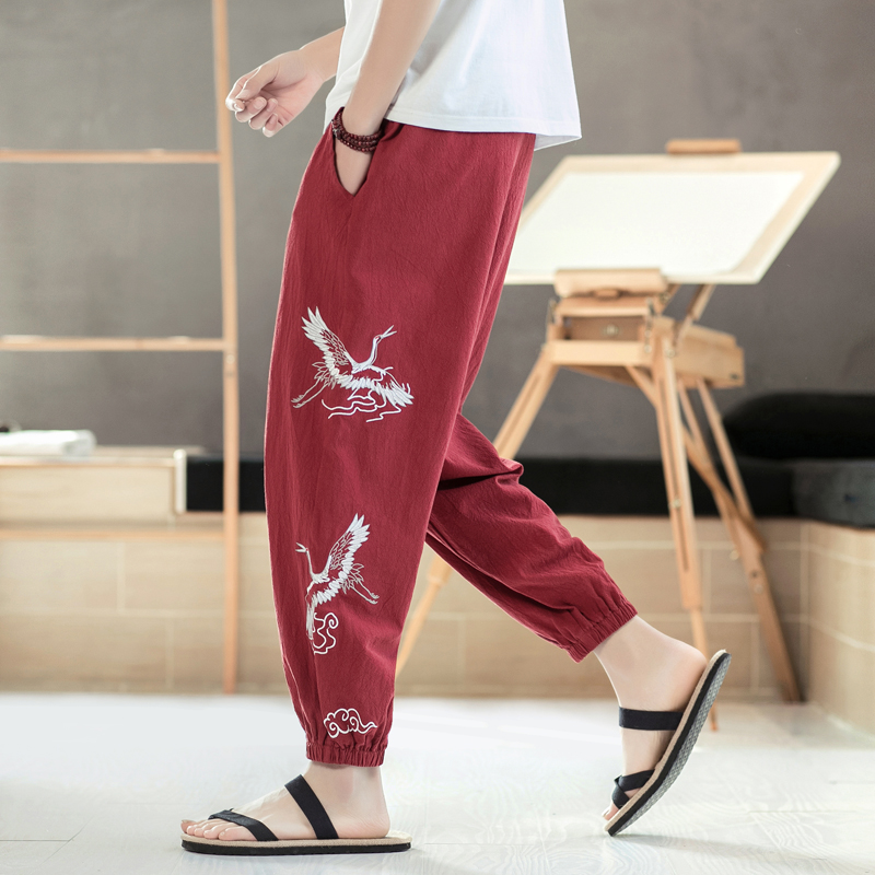 Trung Quốc bông gió chín điểm quần mùa hè đang lớn Harun quần cẩu gió cổ xà cạp thêu loose-fitting nam gusdresser