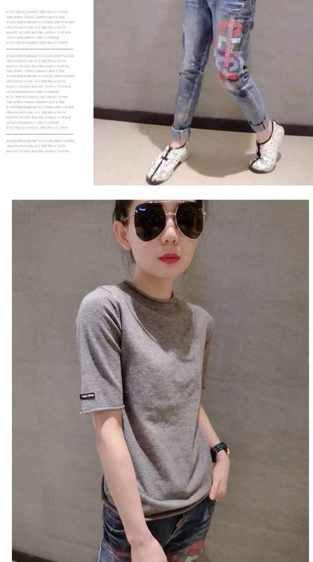 Áo phông châu Âu 2019 xuân hè nữ mới thời trang Hàn Quốc áo len thủy triều mỏng tay áo ngắn chạm đáy áo sơ mi - Áo phông áo phông trơn