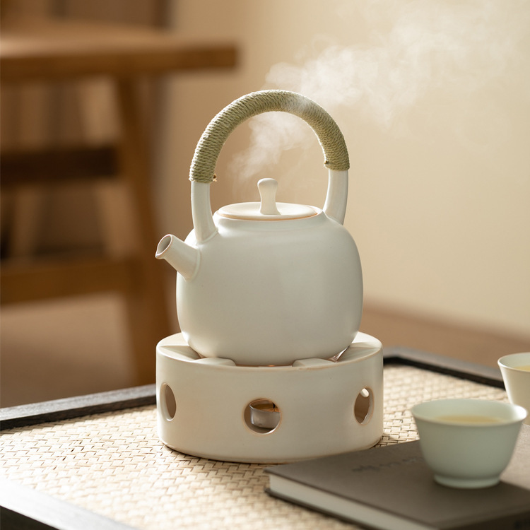 Jingdezhen Soda-Glazed Clay Teapot with Hemp Rope Handle, Suitable for Brewing Tea Around the Stove, New Chinese-Style White Clay Kettle